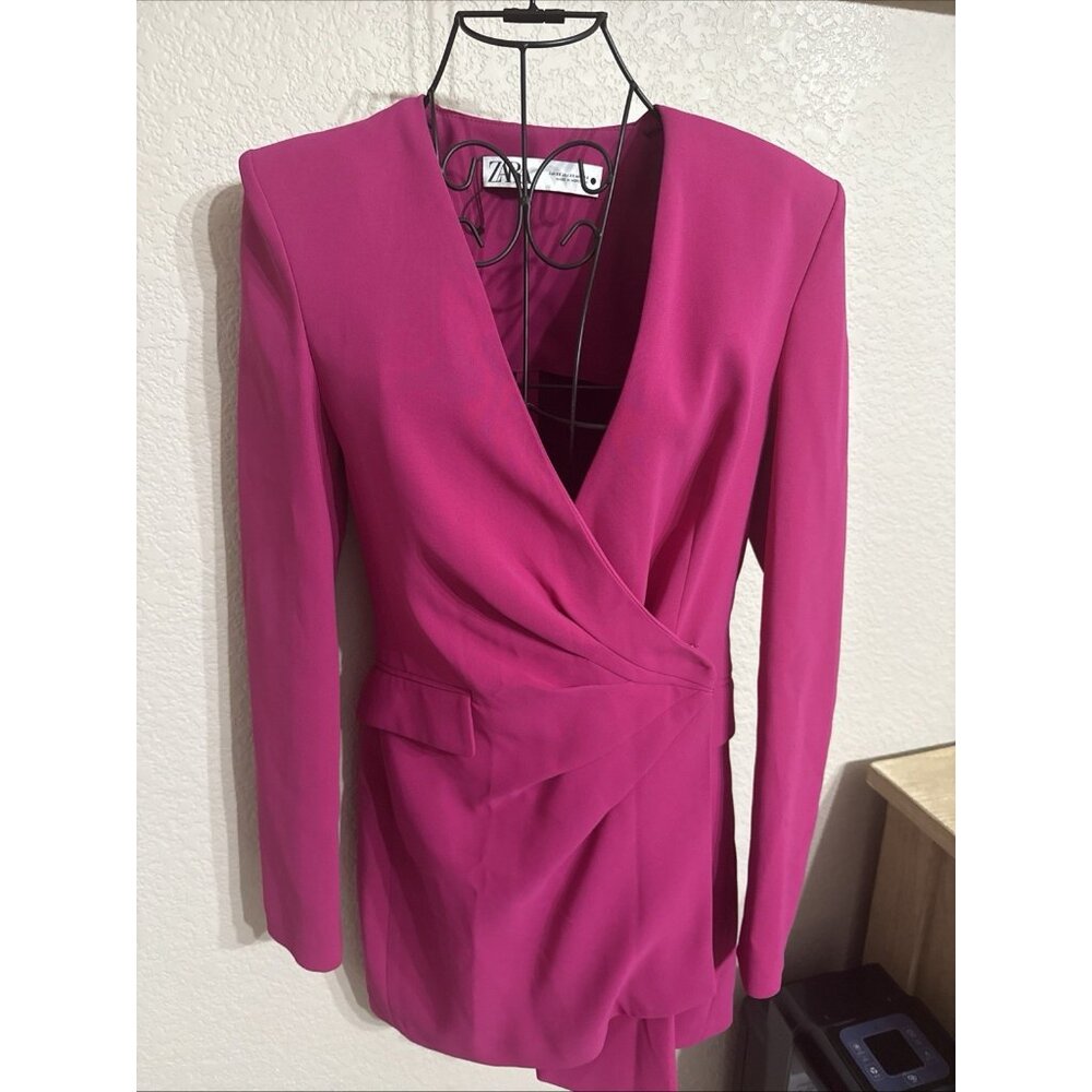 ZARA Women’s Draped Blazer Dress Size XS purple Fuscia Long Sleeve V-Neck- NEW!